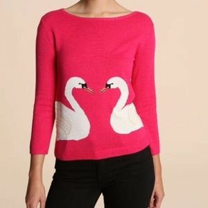 Pink Thin Sweater with White Swan, Cotton Rayon Knit, Excellent Condition